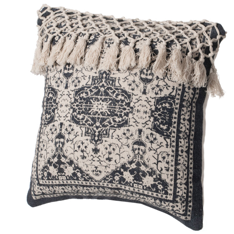 16" Handwoven Cotton Throw Pillow Cover with Traditional Pattern and Tasseled Top, Navy