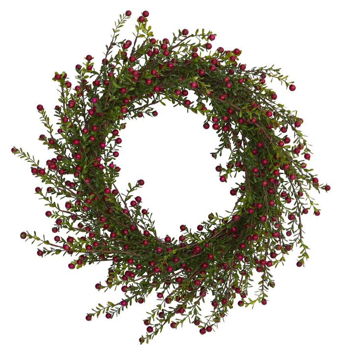 Nearly Natural 20-in Boxwood and Berries Artificial Wreath
