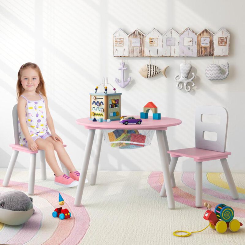Hivvago Wood Activity Kids Table and Chair Set with Center Mesh Storage