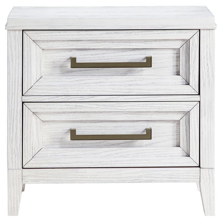 Leva Nightstand, 28 Inch, Distressed White Acacia Wood, 2 Drawers - Benzara
