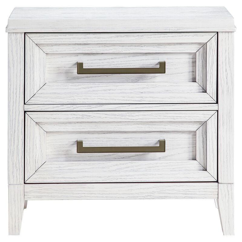 Leva Nightstand, 28 Inch, Distressed White Acacia Wood, 2 Drawers - Benzara