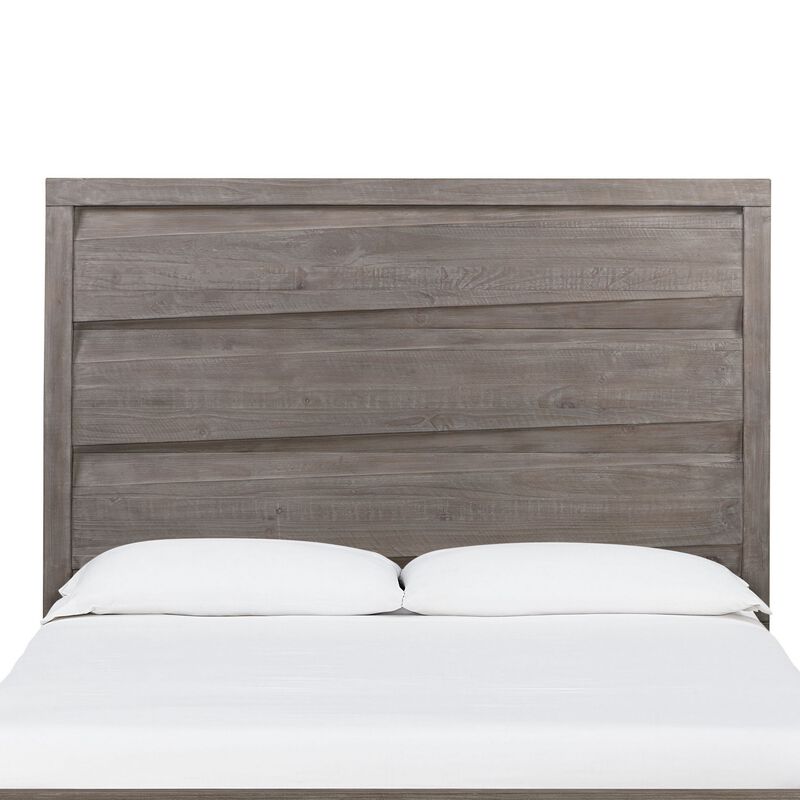 Vero Queen Size Bed, Roughhewn Washed Brown Wood, Asymmetric Panel Design - Benzara