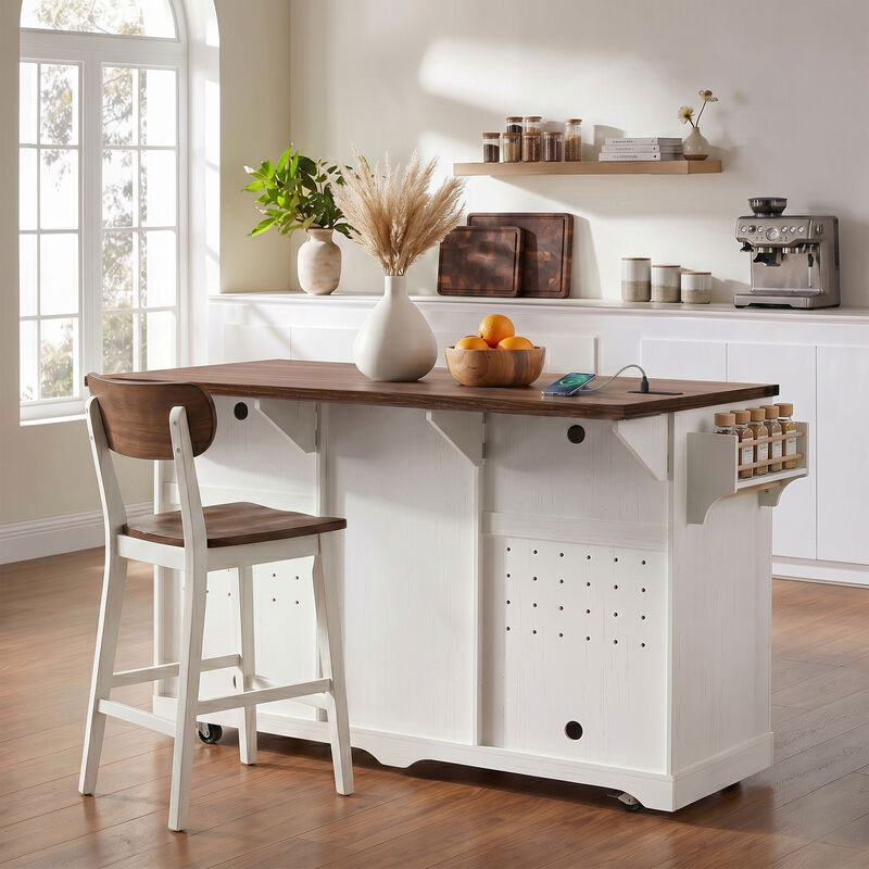 Merax Rolling Kitchen Island with Bar Cabinet, 2 Fridge Compartments, Sliding Barn Doors image number 1