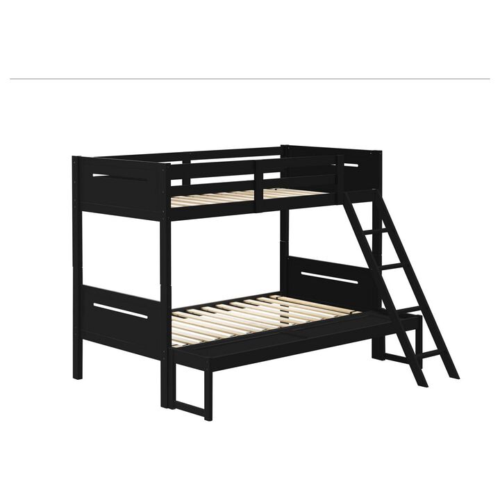 Amey Twin over Full Bunk Bed, Guard Rails, Attached Ladder, Black Wood - Benzara