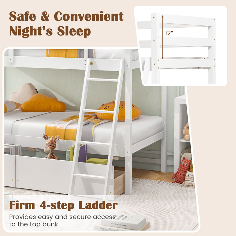 Twin Over Twin Bunk Bed Wood Bed Frame with 2 Storage Drawers and Ladder-White