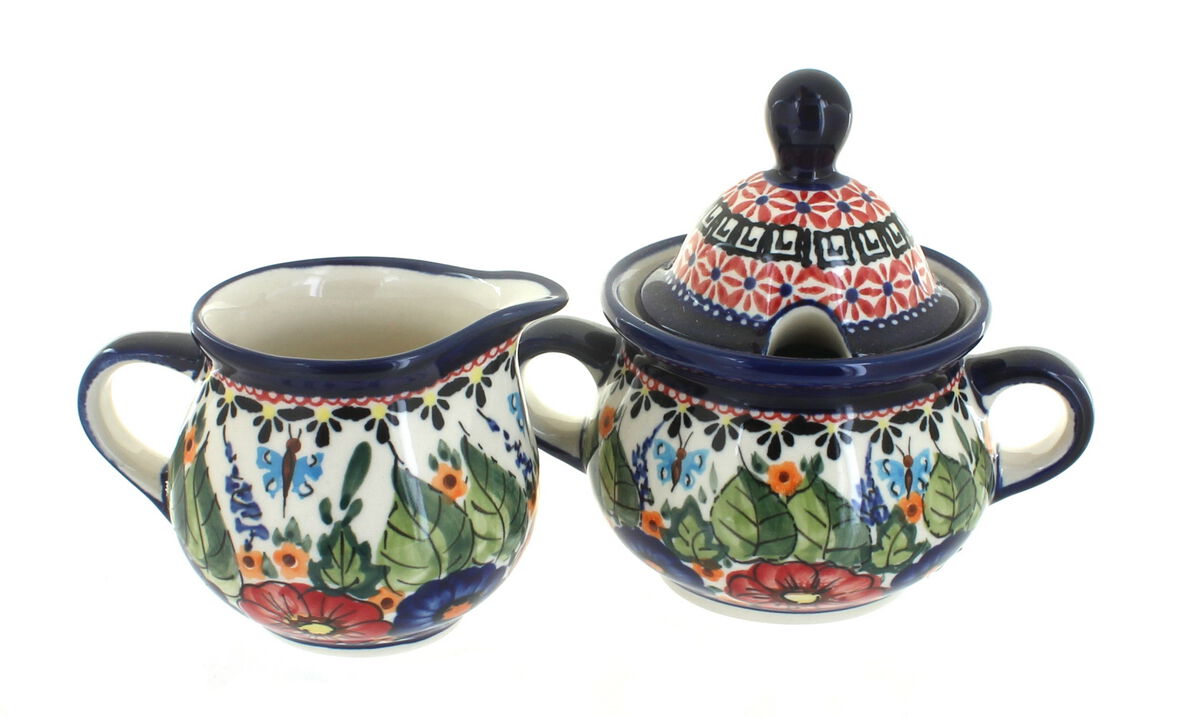 Blue Rose Polish Pottery Floral Butterfly Cream & Sugar Set
