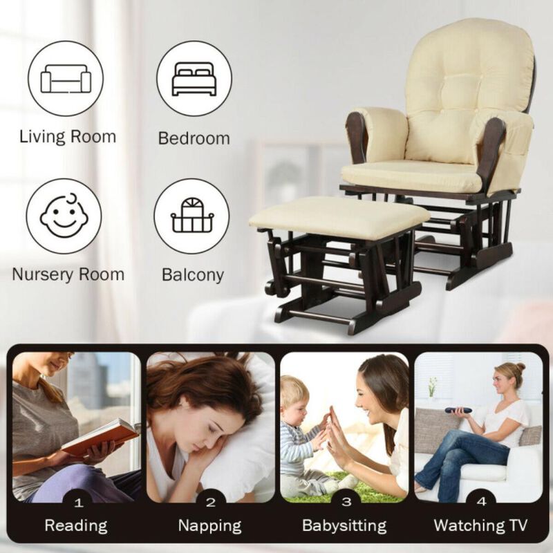 Hivvago Wood Glider and Ottoman Set with Padded Armrests and Detachable Cushion