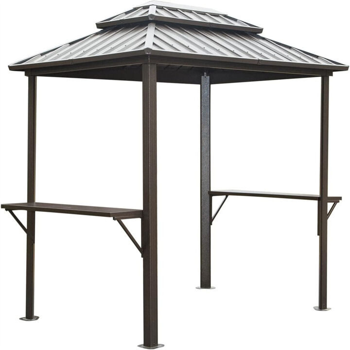 Grill Gazebo 8' x 6', Aluminum BBQ Gazebo Outdoor Metal Frame with Shelves Serving Tables, Permanent Double Roof Hard top Gazebos for Patio Lawn Deck Backyard and Garden (Brown)