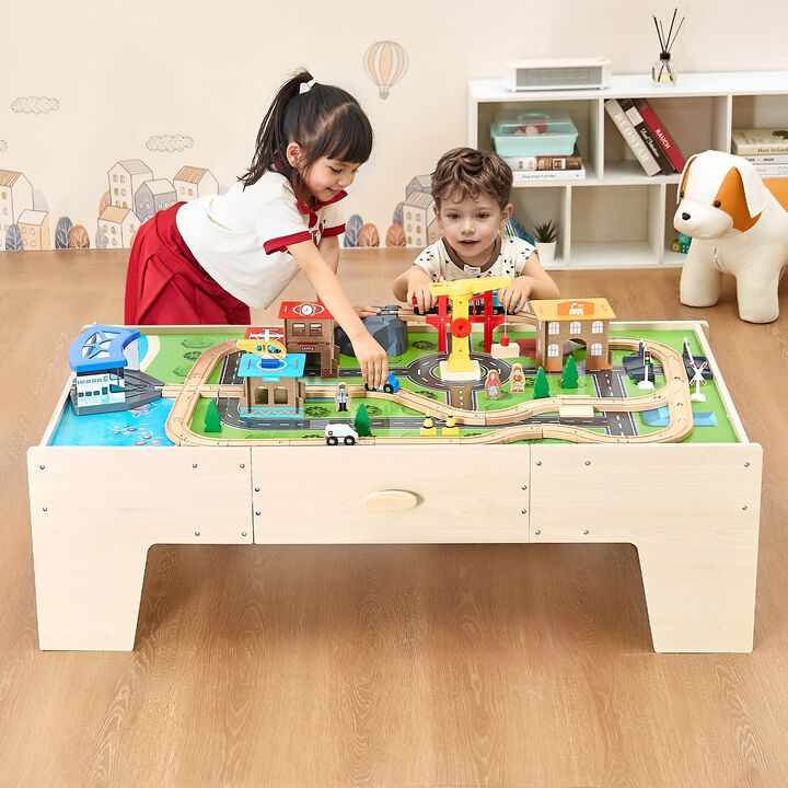 Kids Train Table with 62 Piece Wooden Train Set and Storage Drawer
