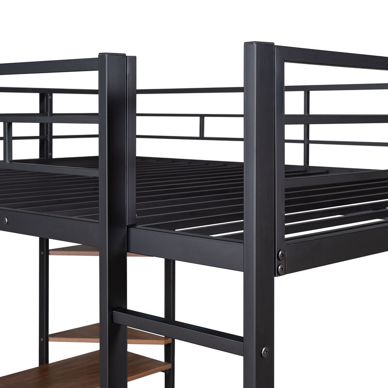 Merax Metal Loft Bed with 2 Shelves and 1 Desk