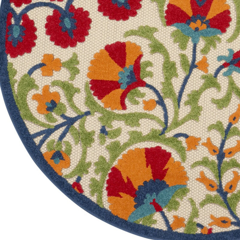HomeRoots 4' Navy Blue Beige Green Blue And Red Round Floral Indoor Outdoor Area Rug image number 4