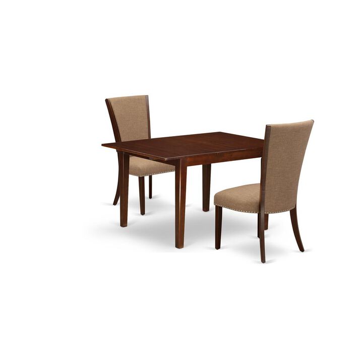 East-West Furniture MLVE3-MAH-47 - A kitchen dining table set of two fantastic kitchen chairs using Linen Fabric Light Sable color and an attractive 12 butterfly leaf rectangle kitchen table in Mahog"