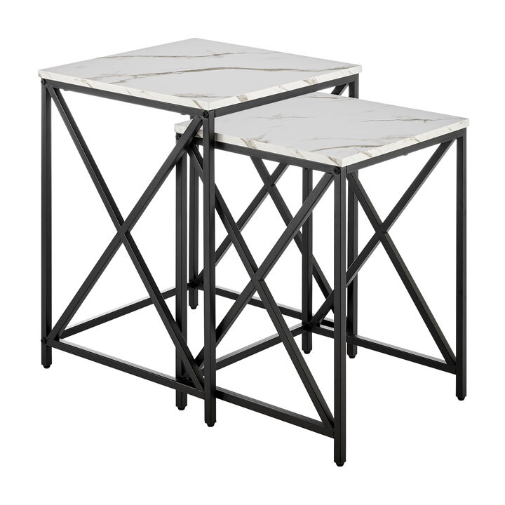 Modern Square Marble Finish Veneer Top Black Metal Frame Nesting End Tables - Set of 2