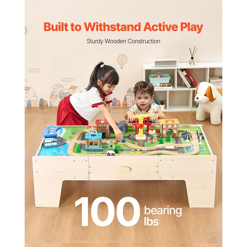 Kids Train Table with 62 Piece Wooden Train Set and Storage Drawer image number 5