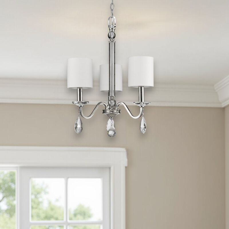 Hivvago Silver Candle Style Three Light Metal and Crystals Dimmable Chandelier With White Shades