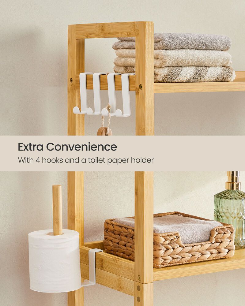 Over-the-Toilet Storage Shelf with Built-In Toilet Paper Holder and Adjustable Shelves