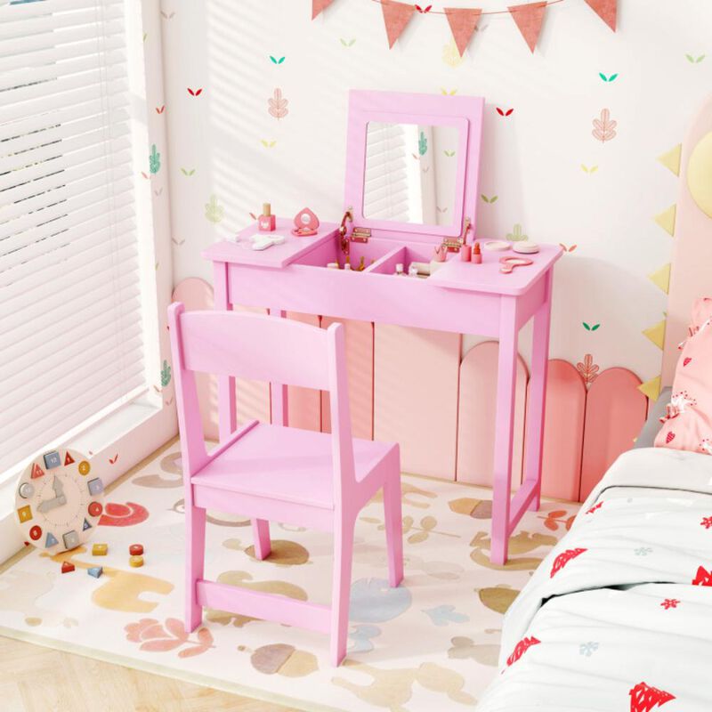 Hivvago 2-in-1 Kids Vanity Makeup Table and Chair Set with Flip Top Mirror