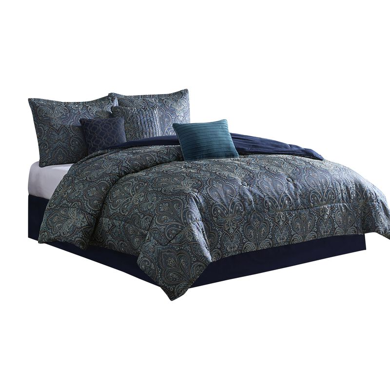 Clover 7 Piece Soft Polyester Queen Comforter Set, Jacquard Pattern, Teal - Benzara