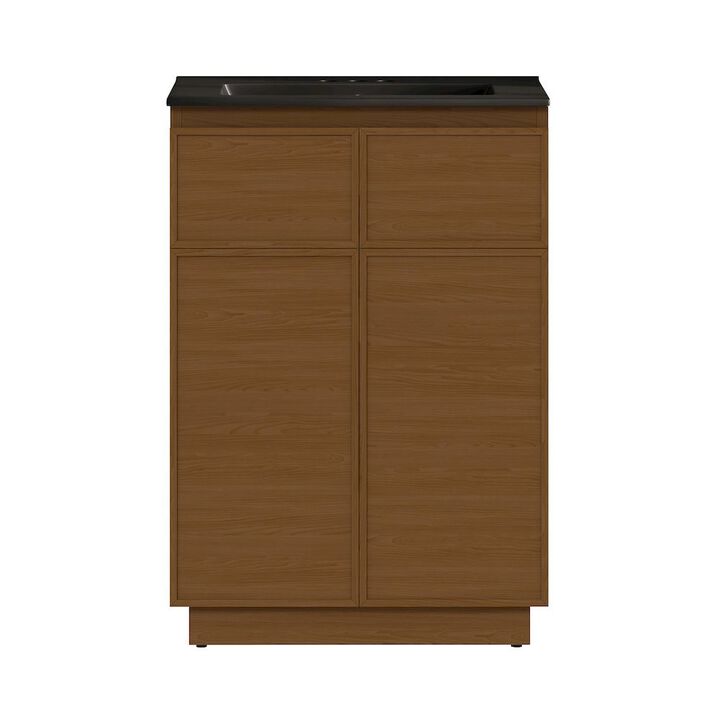 24" Freestanding Bathroom Vanity in Brown Oak, Black 3-Hole Centerset Sink Top