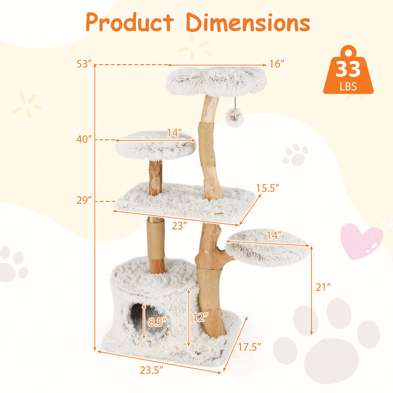 Tall Wooden Cat Tree with Branch Design and Jute Scratching Posts-White image number 2