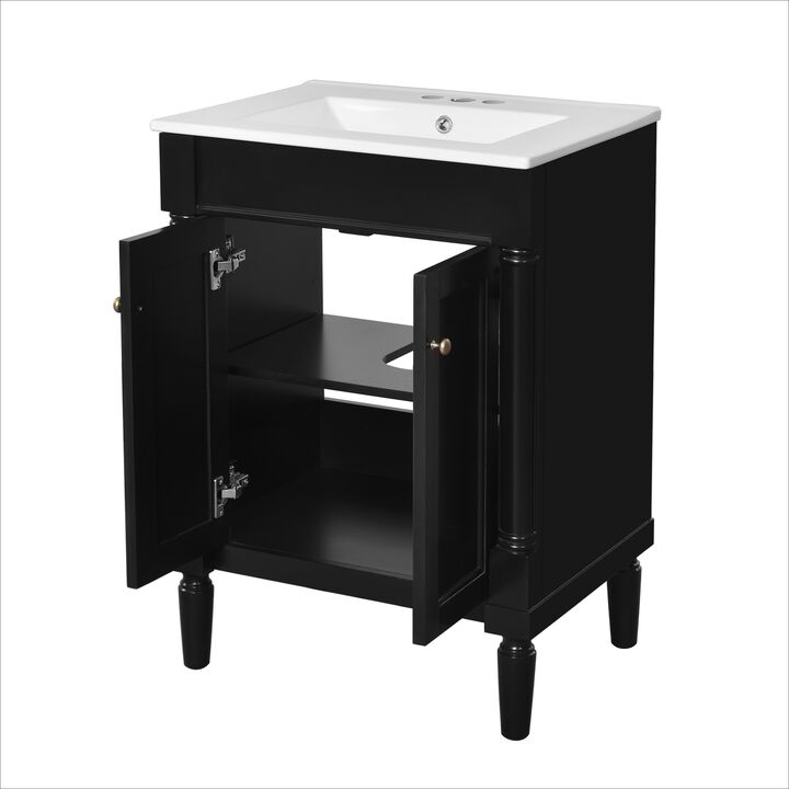 24" Freestanding Bathroom Vanity with Ceramic Sink, 2-Tier Storage Cabinet, 2 Soft-Close Doors