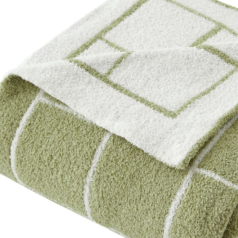HomeRoots 50" X 60" Green and White Fleece Knitted Geometric Plush Throw Blanket image number 2