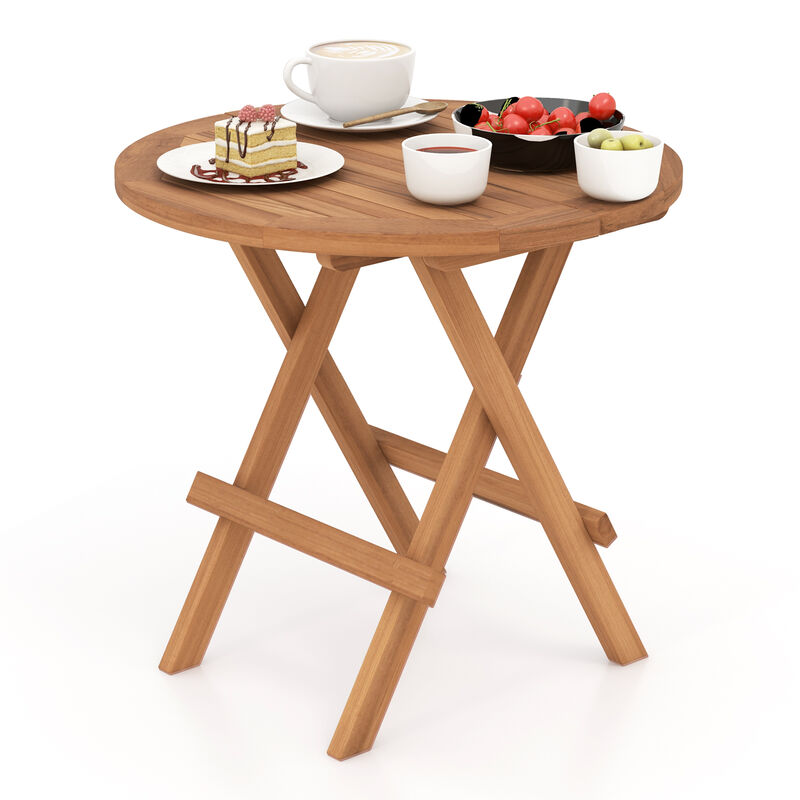 Round Patio Folding Coffee Table Teak Wood with Slatted Tabletop image number 0