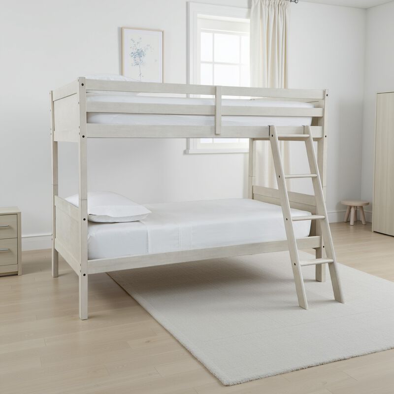 Lea Twin Size Bunk Bed, Wooden Ladder, Traditional Crisp White image number 1