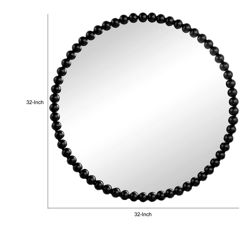 Emu 32 Inch Modern Round Wall Mirror, Beaded Black Metal Accent Frame - Benzara