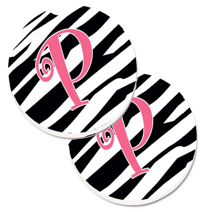 Caroline's Treasures Monogram Initial P Zebra Stripe & Pink Set of 2 Cup Holder Car Coasters CJ1037-PCARC, 2.56, Multicolor