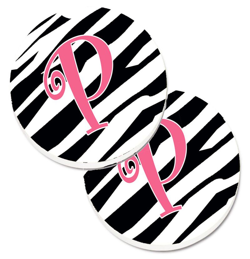 Caroline's Treasures Monogram Initial P Zebra Stripe & Pink Set of 2 Cup Holder Car Coasters CJ1037-PCARC, 2.56, Multicolor
