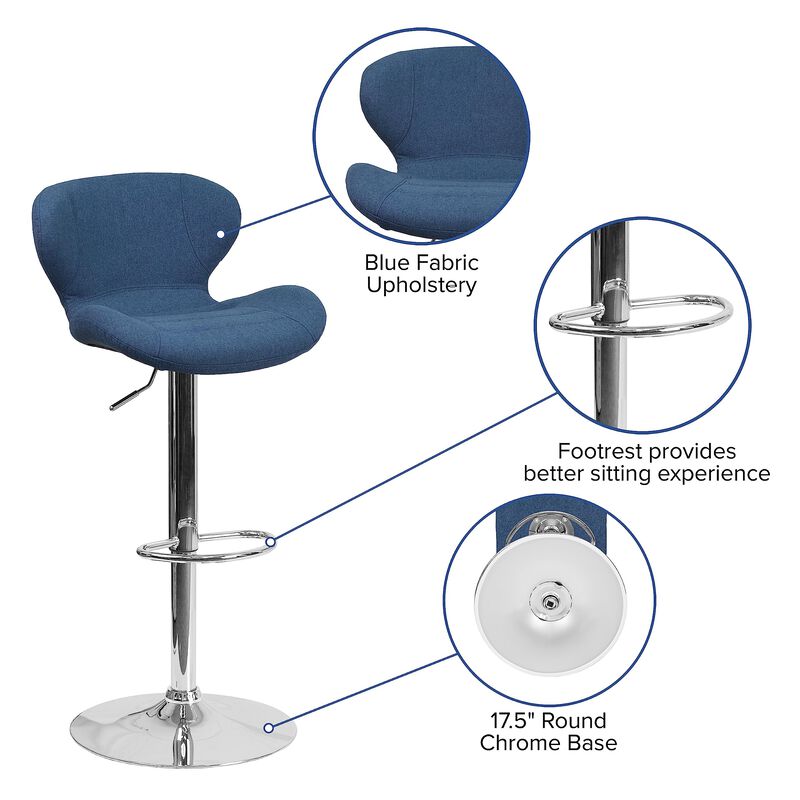 Flash Furniture Contemporary Blue Fabric Adjustable Height Barstool with Curved Back and Chrome Base