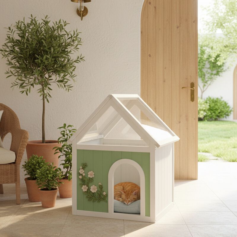 Transparent Roof Wooden Pet House with Floral Carvings Cedar Indoor Shelter for Cats & Small Dogs image number 5