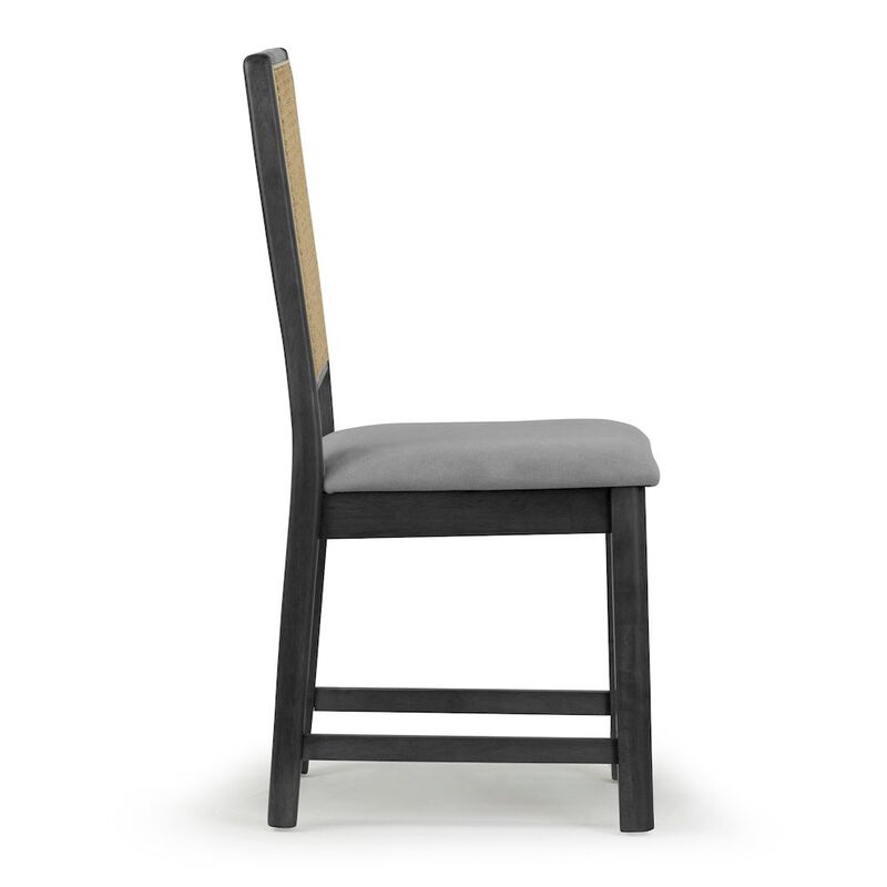 Glamour Home Set of 2 Gray Fabric Dining Chair High Rattan Back and Black Wood Legs