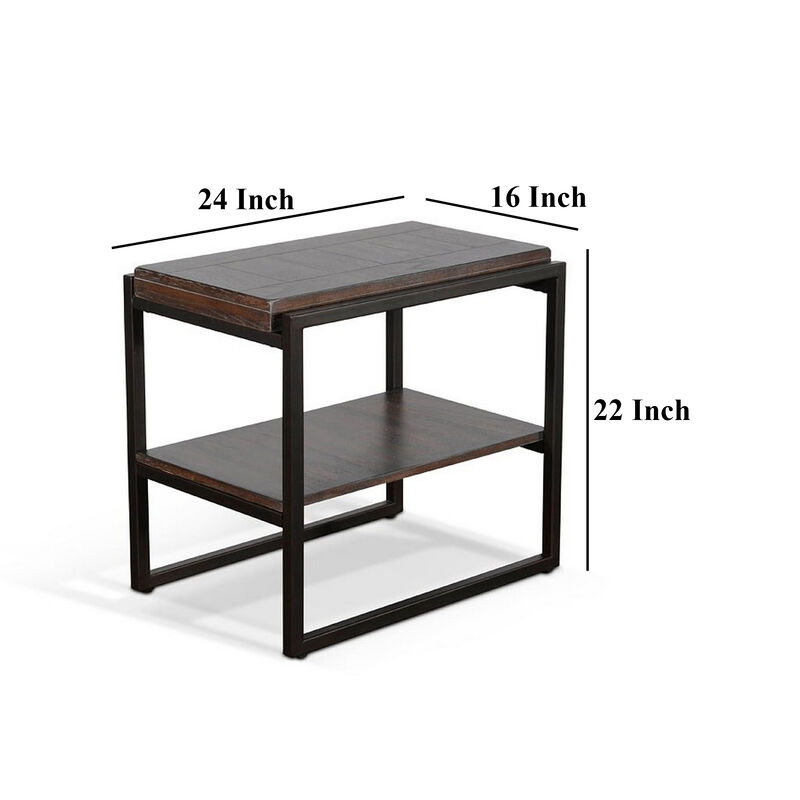 Lery Accent Chairside Table, Dark Brown Wood, Black Metal, 24 Inch