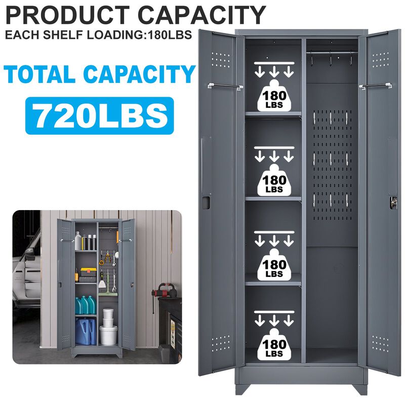 Broom Storage Cleaning Tool Cabinet With Locking Doors and Shelves image number 2