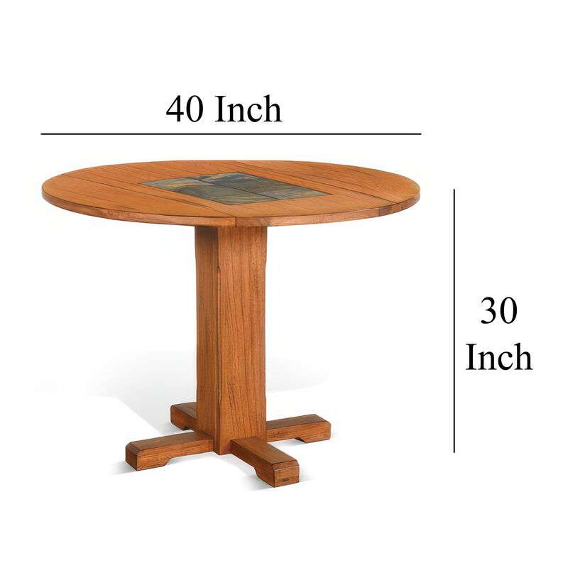 Marv Dining Table w 2 Drop Leaves, 40 Inch Round Top, Brown Wood