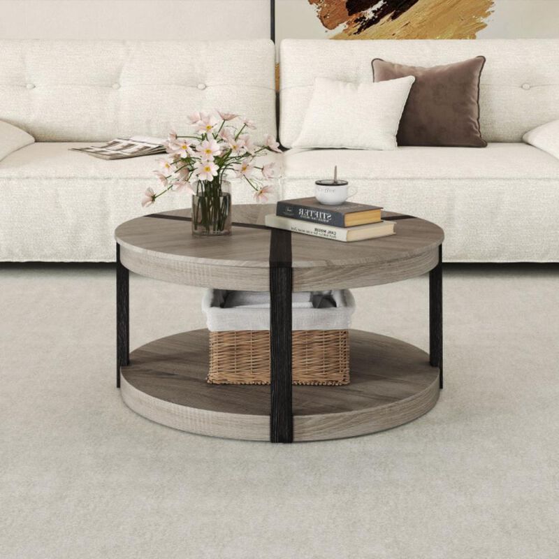 Hivvago Rubber Wood 2-Tier Round Center Table with Spacious Tabletop and Storage Shelf