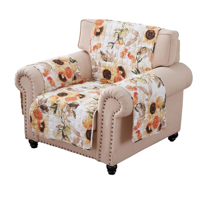 Kelsa 81 Inch Armchair Cover, Polyester Fill, Watercolor Sunflowers, Gold - Benzara