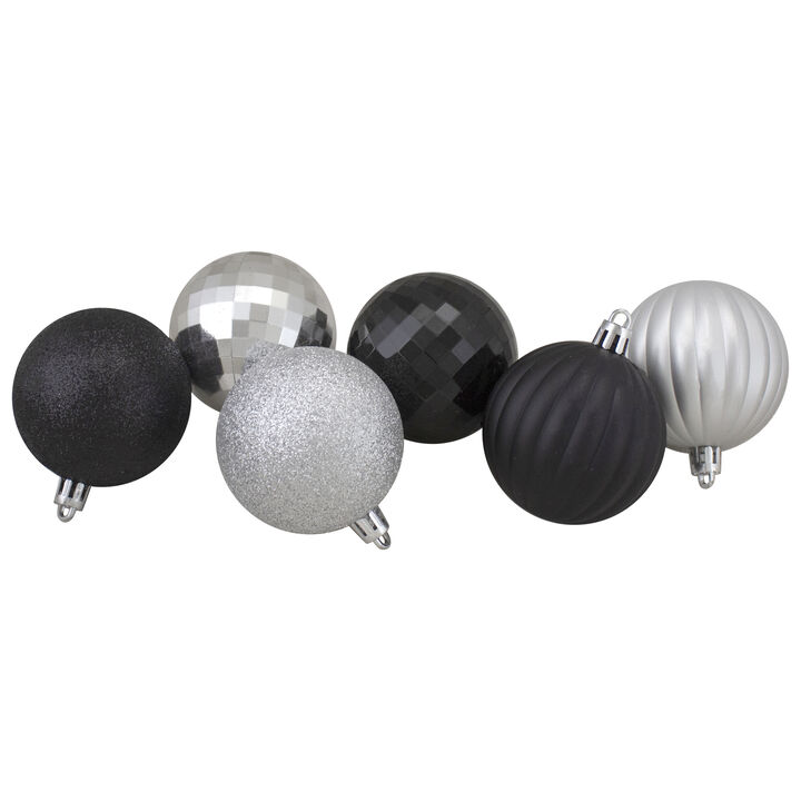 100ct Silver and Black Shatterproof 3-Finish Christmas Ball Ornaments 2.5" (60mm)