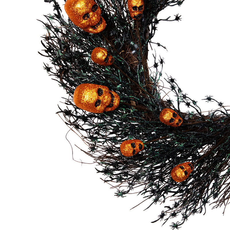 Black and Orange Skulls and Spiders Halloween Twig Wreath  22-Inch  Unlit image number 1