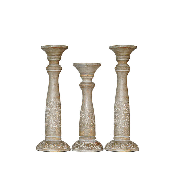 Traditional Gray Wash Eco-friendly Handmade Mango Wood Set Of Three 15",12" & 15" Pillar Candle Holder BBH Homes