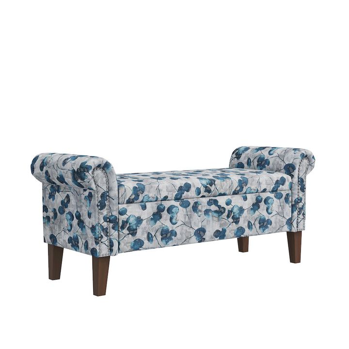 HL Home Furnishings Rolled Arm Storage Ottoman in Blue Floral Bonsai