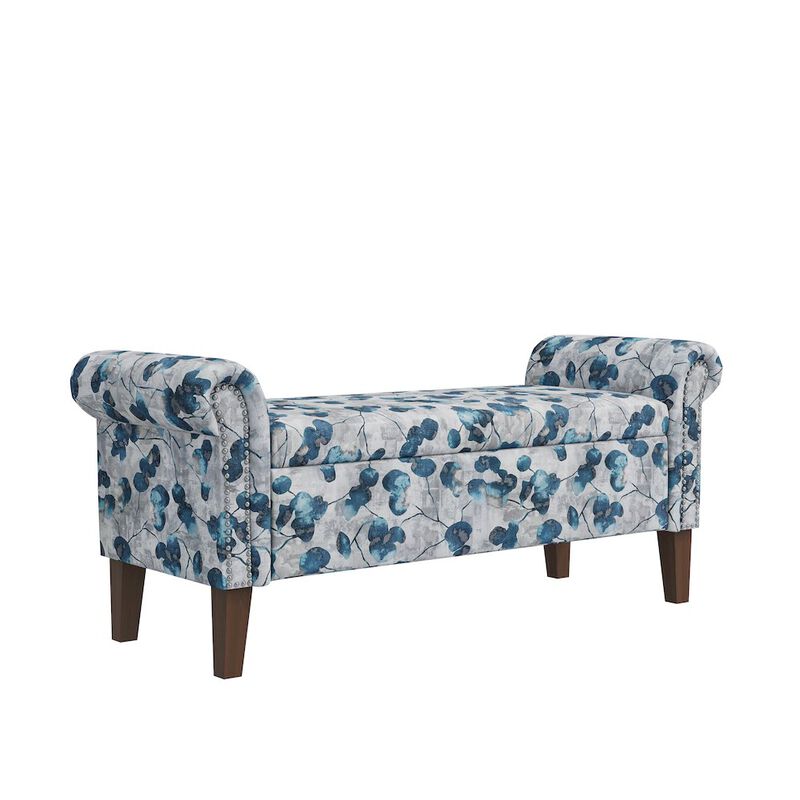 HL Home Furnishings Rolled Arm Storage Ottoman in Blue Floral Bonsai