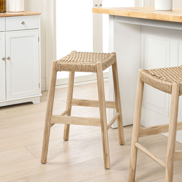 Armati Coastal Casual Handcrafted Teak Wood Backless Indoor/Outdoor Stool with Synthetic Woven Seat