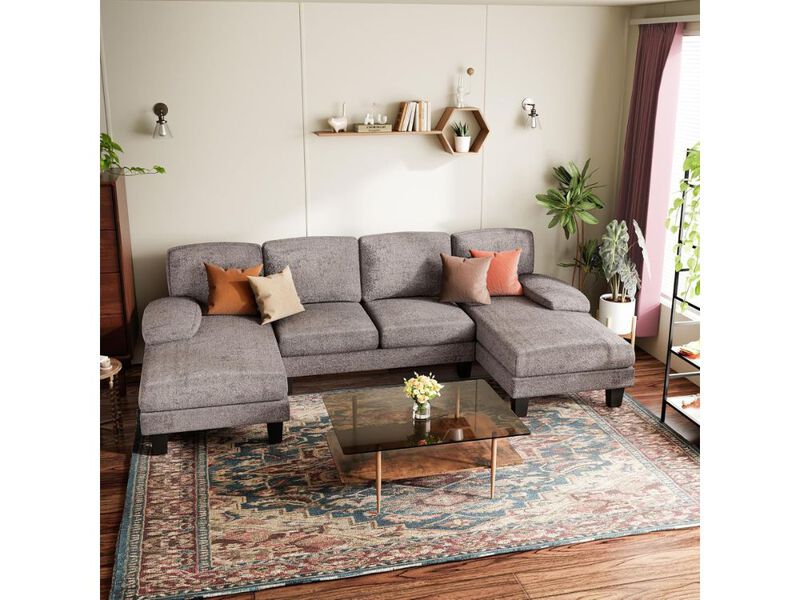 U Shaped Sectional Sofa Grey Chenille Cloud Couch Deep Seat Chaise Living Room image number 1