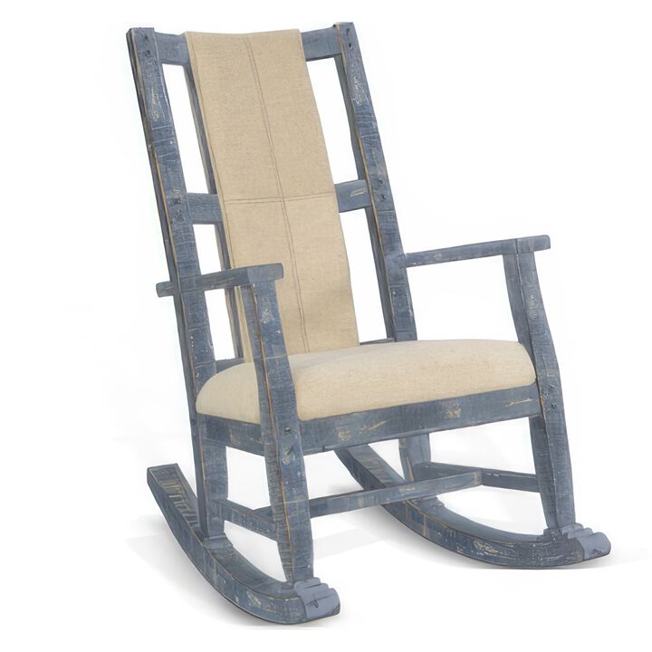 Rena Rocking Chair, Cushion Seat and Back, Blue Mahogany Mindy Wood - Benzara