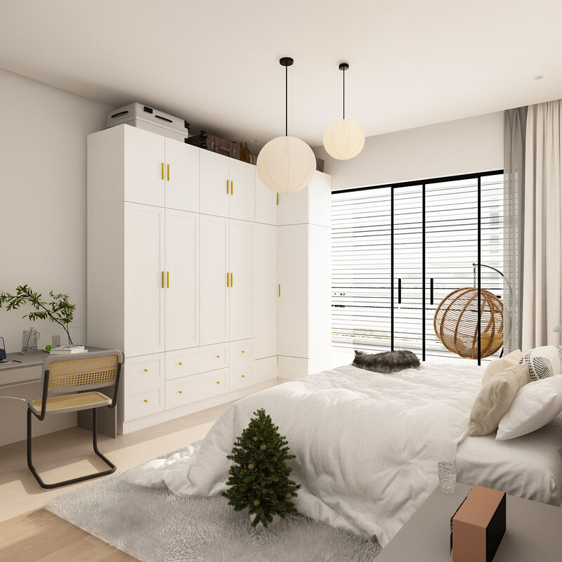 FUFU&GAGA L-Shaped Corner Wardrobe Combination with Large Storage Space, Adjustable Shelves, Hanging Rods, (98.4 in. W x 19.7 in. D x 94.5 in. H), White