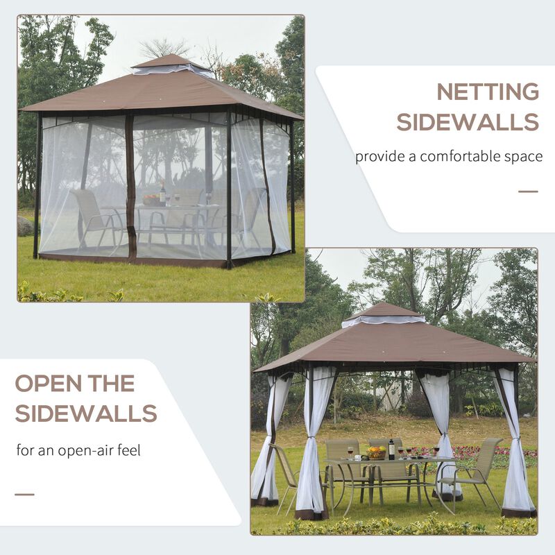 10'x10' Outdoor Patio Gazebo Canopy Metal Canopy Tent with 2-Tier Roof and Mesh Netting for Backyard, Coffee