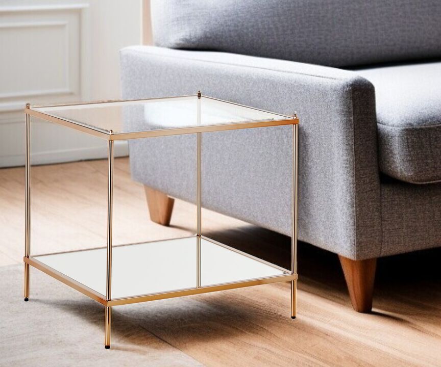 Hivvago 22 Inch Clear And Gold Glass And Iron Square End Table With Shelf